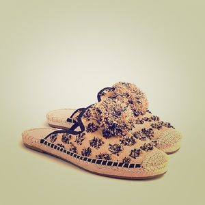 NWOT J.Crew raffia espadrille mules with pom-poms